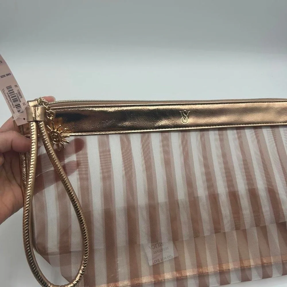 NWT Victoria's Secret Stripe Clear Cosmetic Bag Rose Gold Metallic Makeup Pouch